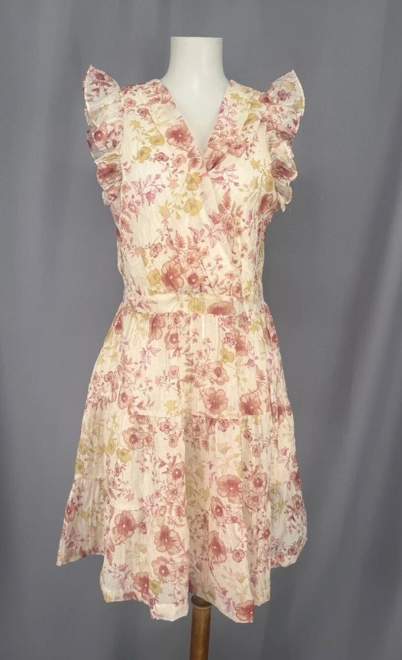 Taylor Dress Womens Size 8 Cream Floral Fit & Flare Mini Ruffle Sleeve Lined